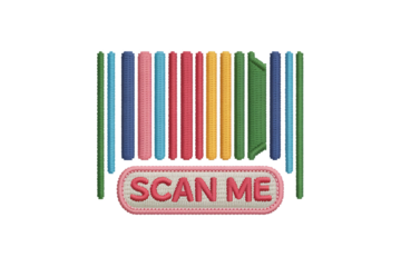Colorful embroidered barcode with scan me text embroidery