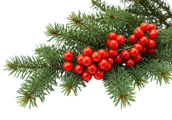 Obraz premium A festive sprig of evergreen pine branches adorned with bright red rowan berries, isolated on a transparent background