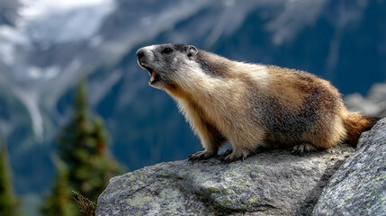 Marmot on a cliffside, playful pose, mountain backdrop