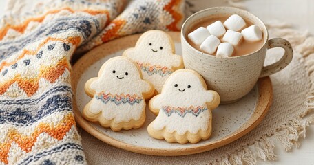 Cute Ghost-Shaped Halloween Cookies with Hot Chocolate and Marshmallows