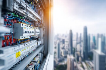 Electrical Control Panel With City Skyline Background