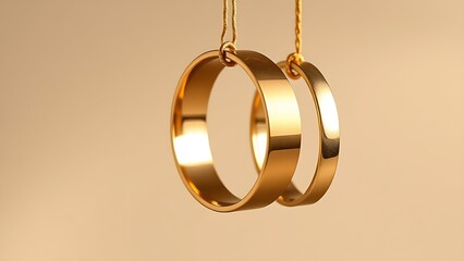 Three golden wedding bands hang suspended against a neutral backdrop, catching light with metallic reflections.