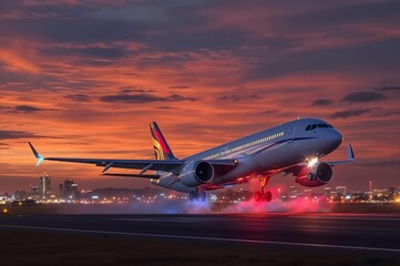 Fototapeta premium Takeoff at Dusk: A commercial airplane gracefully ascends against a vibrant twilight sky. Capture the dynamic moment of flight. 