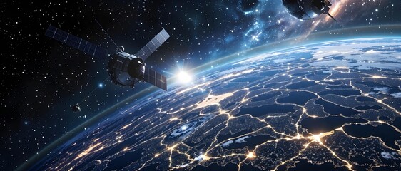 Satellite in space: A satellite orbits the Earth, capturing the breathtaking view of continents and oceans. This image embodies exploration and the wonders of space. 