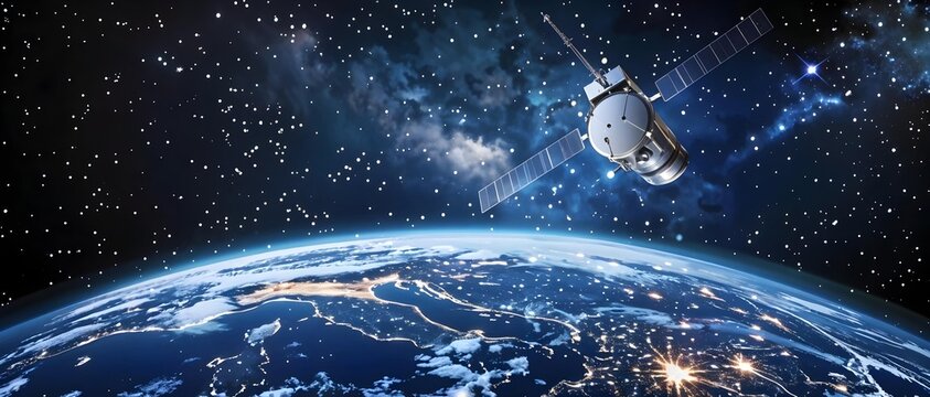 Orbiting Sentinel: A satellite gracefully circles Earth, poised against the mesmerizing backdrop of a star-studded universe, an emblem of technological marvel and interstellar exploration.