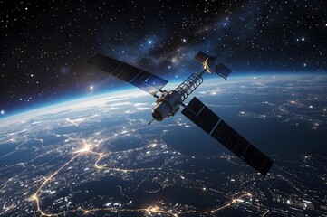 Fototapeta premium Satellite Orbiting Earth: A futuristic satellite, a beacon of technological advancement, floats gracefully in orbit around the captivating blue and white expanse of planet Earth.