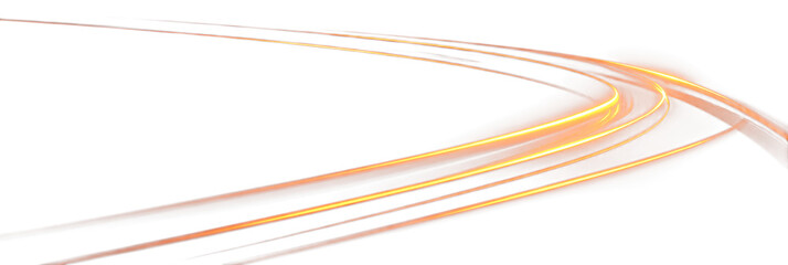 Glowing orange light lines are isolated, with a glow effect. Shiny curved lines in the shape of an arrow are a design element. Light trails.