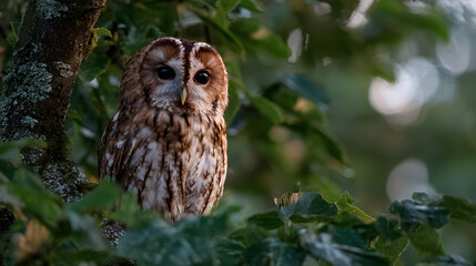 Tawny Owl perched in a tree at dusk, soft lighting, peaceful atmosphere