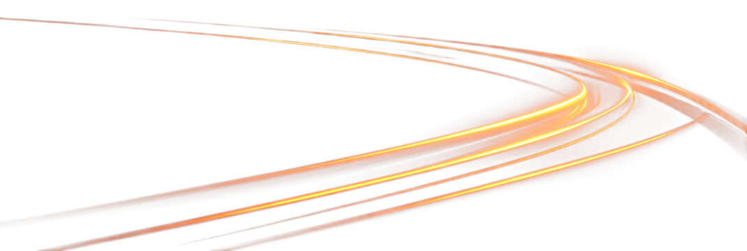 Glowing orange light lines are isolated, with a glow effect. Shiny curved lines in the shape of an arrow are a design element. Light trails.