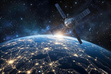 Satellite Orbiting Earth: A detailed shot of a satellite in orbit around the Earth, illuminated by the vibrant sunrise, offering a breathtaking spectacle of space exploration.