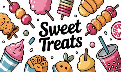 Scalable vector illustration featuring various cartoon-style food and drink items, easily editable.