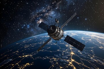 Space exploration and Satellite above Earth: A captivating perspective from space showcases a sleek satellite gracefully orbiting the Earth, bathed in the soft glow of celestial light.