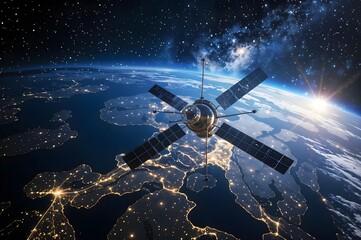 Naklejka premium Satellite Orbiting Earth: A high-angle, photorealistic image showcases a satellite orbiting Earth against a backdrop of the radiant cosmos.