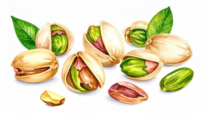 Watercolor pistachios with leaves