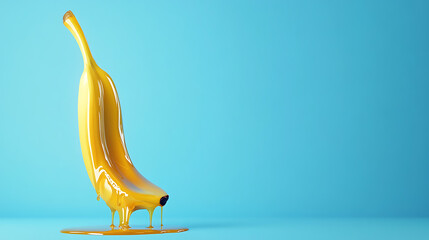 A dripping banana covered in yellow paint against a light blue studio background with copy space