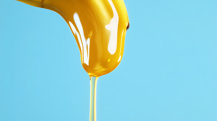 Close up of honey dripping from a spoon against a light blue colored plain studio background
