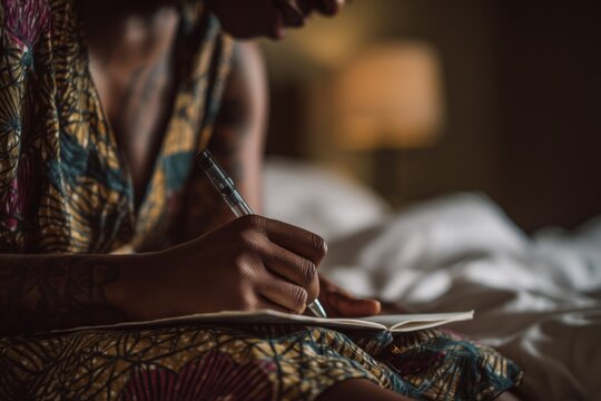A person writes in a notebook, capturing a moment of reflection and creativity on a bed.