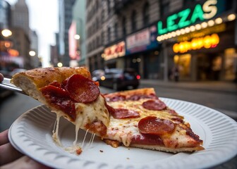 New York Style Pepperoni Pizza Slice with Melting Cheese on City Street
