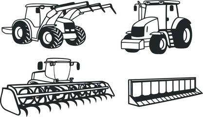 Heavy Duty Farming Equipment Vector &ndash; Black and White Agricultural Machinery Icons for Harvesting, Plowing, and Land Preparation