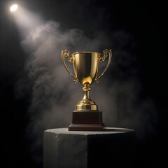 Golden Trophy: The image features a gleaming golden trophy positioned atop a stone pillar, bathed in a dramatic spotlight against a mysterious backdrop of atmospheric fog.