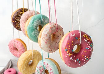 Sweet Colorful Hanging Glazed Donuts with Sprinkles