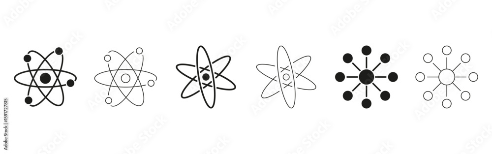 Poster atomic structure line and solid icon set. science, chemistry, and physics symbol collection. atom mo