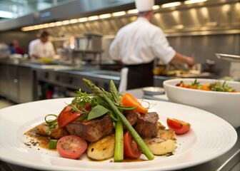 Gourmet Plated Dish with Chef Working in Professional Restaurant Kitchen