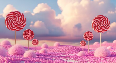 Whimsical landscape featuring giant lollipops, pink hills, and a dreamy sky.