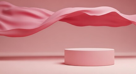 A pink cylindrical podium stands in front of a flowing pink fabric on a light pink background.