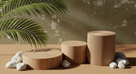 Wooden podiums with stones and palm leaf, a minimalist display.