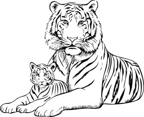Obraz premium Protecting Tigress and Her Young Offspring