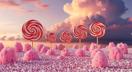 A whimsical landscape featuring giant lollipops and pink candy formations under a dreamy, cloudy sky.