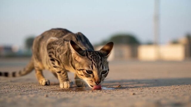 Tabby cat vomiting on dusty ground outdoors, suitable for articles about pet health and animal behavior.