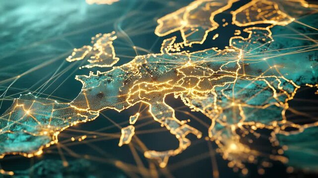 Glowing lights represent countries on an illuminated globe showing the European Union.