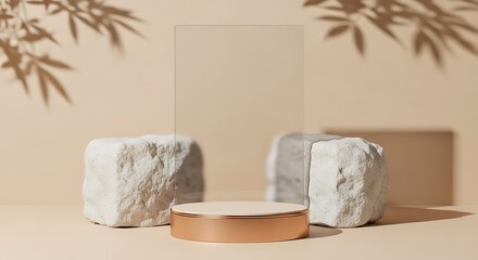 Elegant minimalist product display featuring a glass panel, rose gold base, and textured stone blocks, bathed in soft light and leaf shadows.