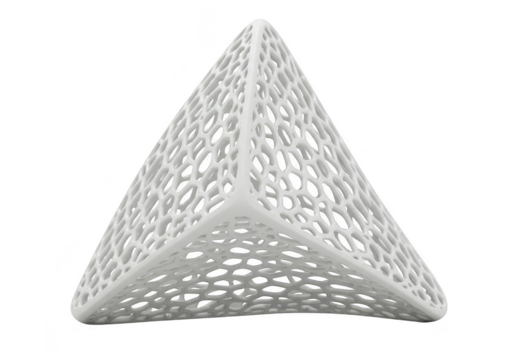 A white geometric pyramid with a delicate, intricate lattice pattern, isolated against a clean transparent background