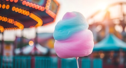 Close-up of a vibrant pink and blue cotton candy at a carnival, with a blurred background of colorful lights and rides.