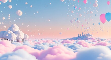 A whimsical, pastel-colored dreamscape featuring floating islands, cotton candy clouds, and balloons ascending into a soft sky.