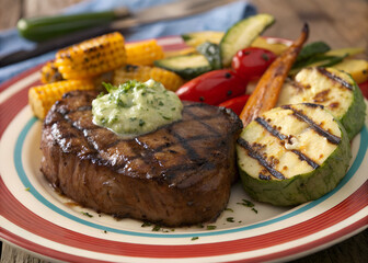 Perfectly Grilled Steak Dinner with Summer Vegetables and Herb Butter