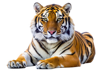 Obraz premium A bengal tiger is laying down, isolated on transparent background