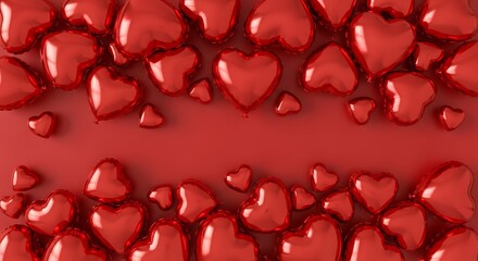 Red heart-shaped balloons create a festive border on a vibrant red background.