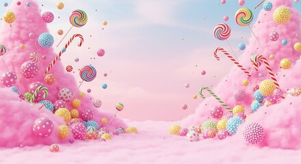 A whimsical landscape of pink cotton candy hills overflowing with colorful lollipops, candy balls, and candy canes.