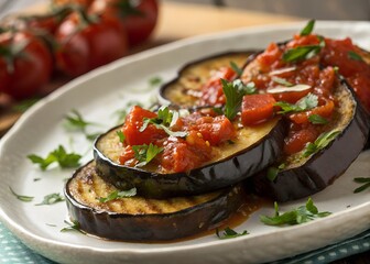 Mediterranean Grilled Eggplant Slices with Fresh Tomato Sauce and Herbs