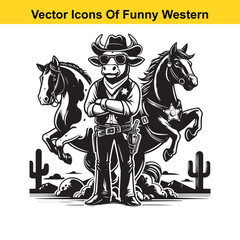 Fototapeta premium Cowboy with Two Rearing Horses – Western Line Art Vector