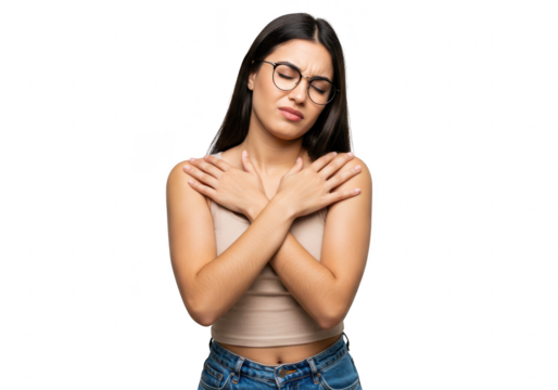 A young woman with glasses hugs herself tightly, appearing to feel cold or discomfort on a transparent background