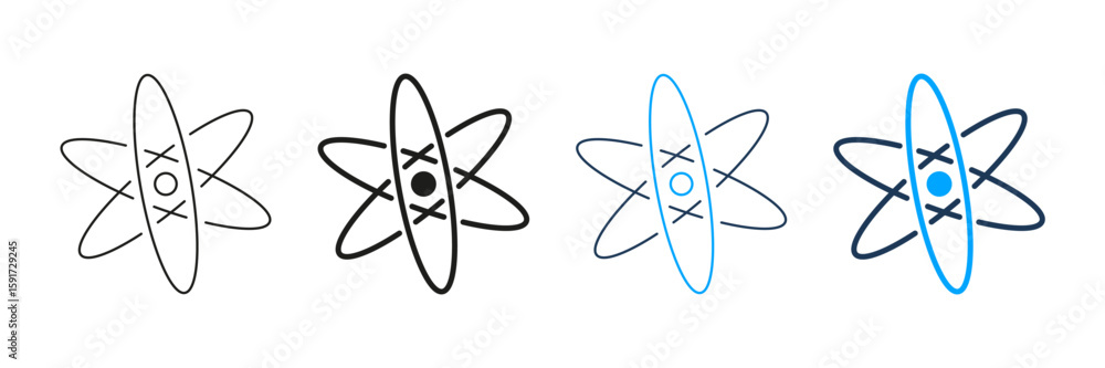 Poster atom structure line and solid icon set. atomic model, science, and physics symbol collection. educat