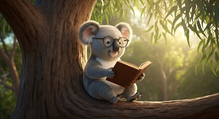 Adorable koala wearing glasses reading a book on a tree branch in sunlit forest background.