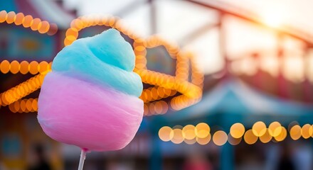 A pastel pink and blue cotton candy treat stands out against a vibrant, blurred amusement park background.