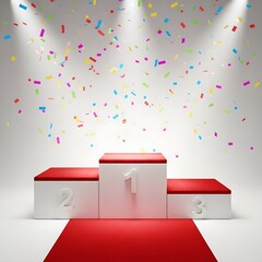 A white winner's podium with a red carpet and confetti raining down.