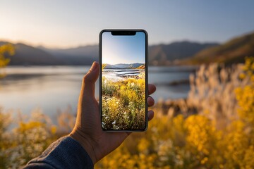 A beautiful lake landscape is captured on a smartphone screen during golden hour.